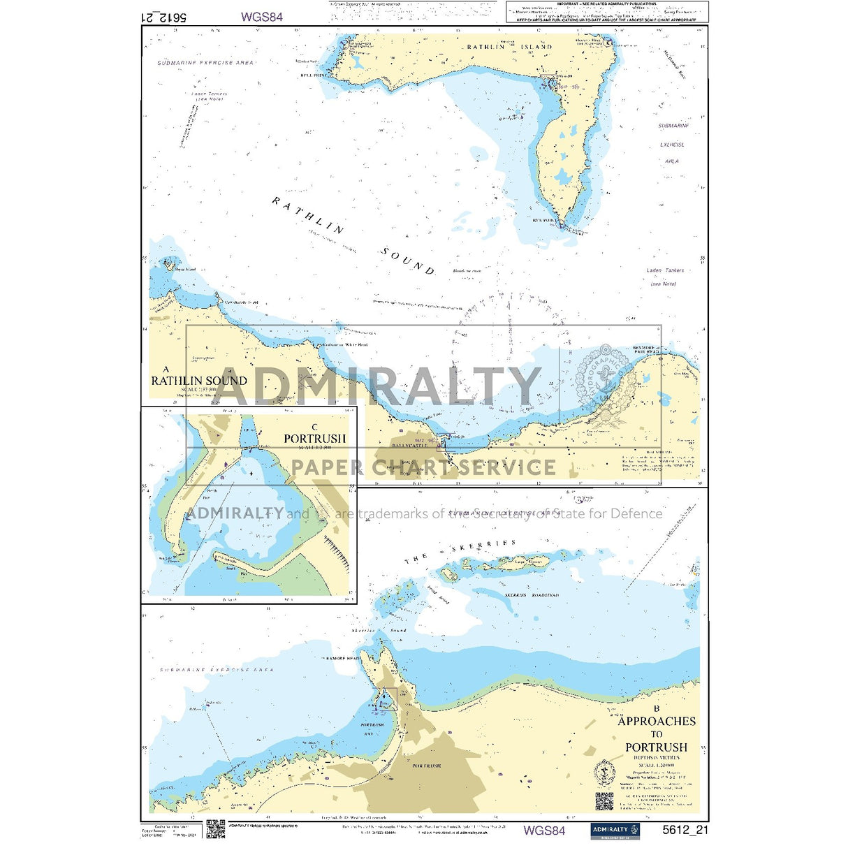Nautical chart 5612_21 Rathlin Sound and Portrush in Northern Ireland with 3 panels