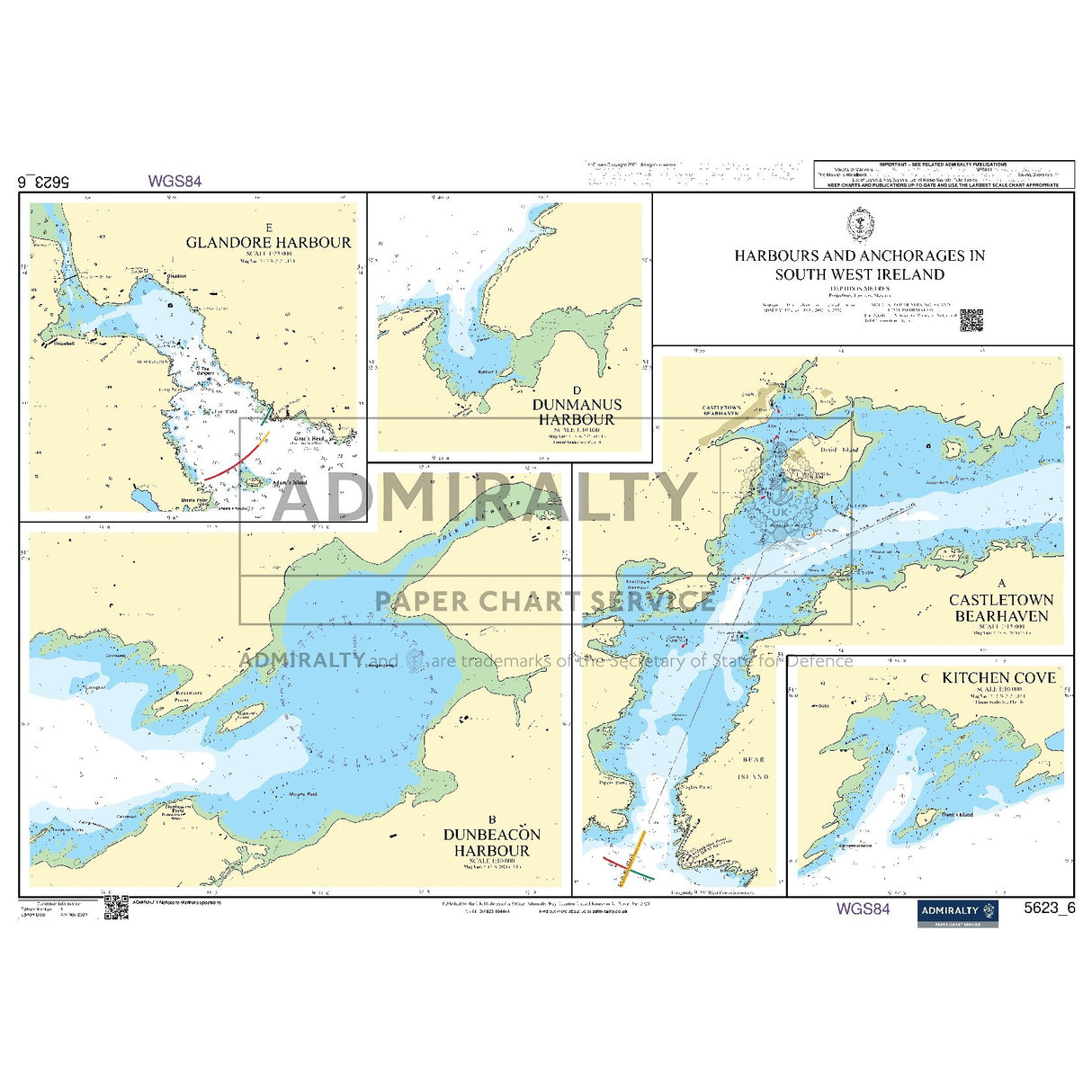 Nautical chart 5623_6 Harbours and Anchorages in South West Ireland with 5 panels