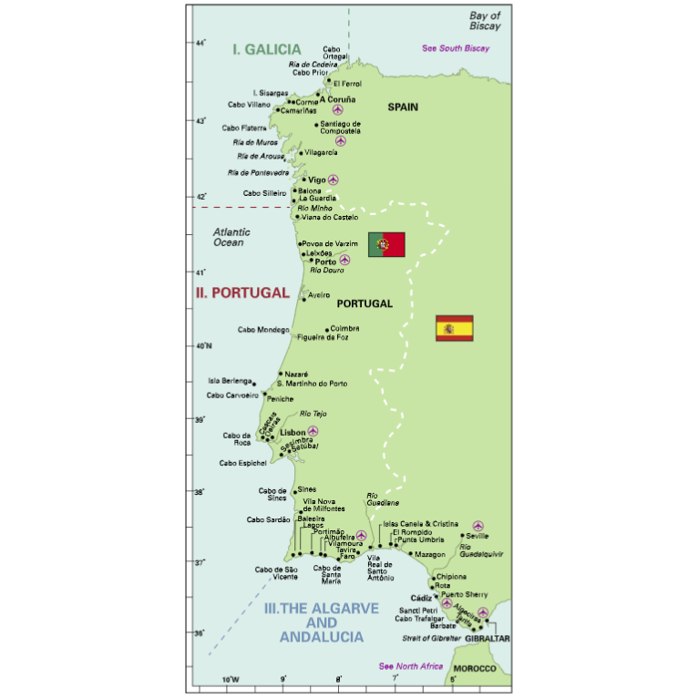The Imray Atlantic Spain and Portugal map displays the Iberian Atlantic coast with labeled regions, national flags, and major cities—an ideal reference for pilot guides to this area.