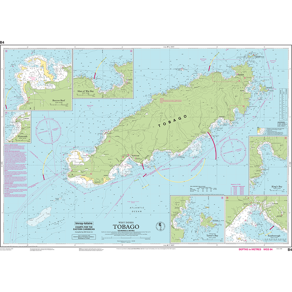 Imray Chart B4: Tobago by Imray, for GPS navigation. Features detailed coastline, depth contours, navigation markers, insets of Scarborough and Man-o-War Bay, plus a clear map legend.