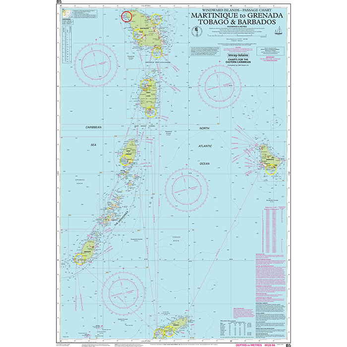 Imray Chart B5: Martinique to Tobago and Barbados by Imray shows islands, nautical routes, water depths, and navigation symbols on a blue background with pink and yellow details.