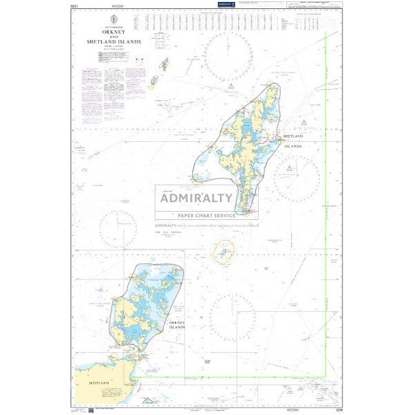 The Admiralty Chart 1239: Orkney and Shetland Islands features numerous islands, water depths, essential navigational data, detailed geography with coordinates, and uses green and blue hues to illustrate islands, while also highlighting commercial shipping routes.