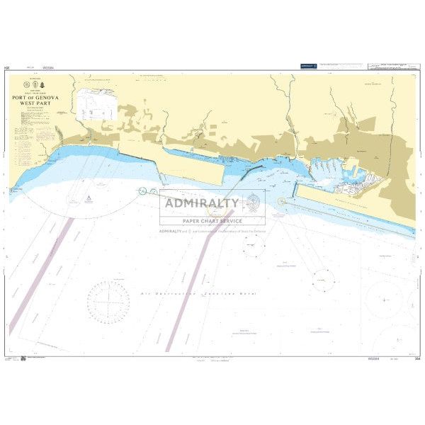 Admiralty Chart 354: Port of Genova West Part by Admiralty displays coastal outlines, harbor entrances, docks, navigation aids, water depths, and maritime notations, with land in yellow and water in blue/white.
