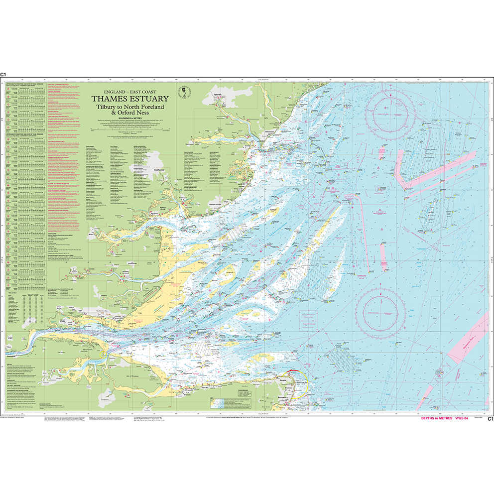 Imray Chart C1: Thames Estuary by Imray details water depths, navigation routes, coastal landmarks, place names, and aids from Tilbury and North Foreland to Orford Ness.