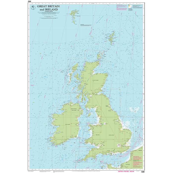 Imray Chart C80: Great Britain and Ireland by Imray details coastlines, islands, seas, navigational marks, depths, coordinates, major cities, and regions—ideal for planning a round-Britain circumnavigation.