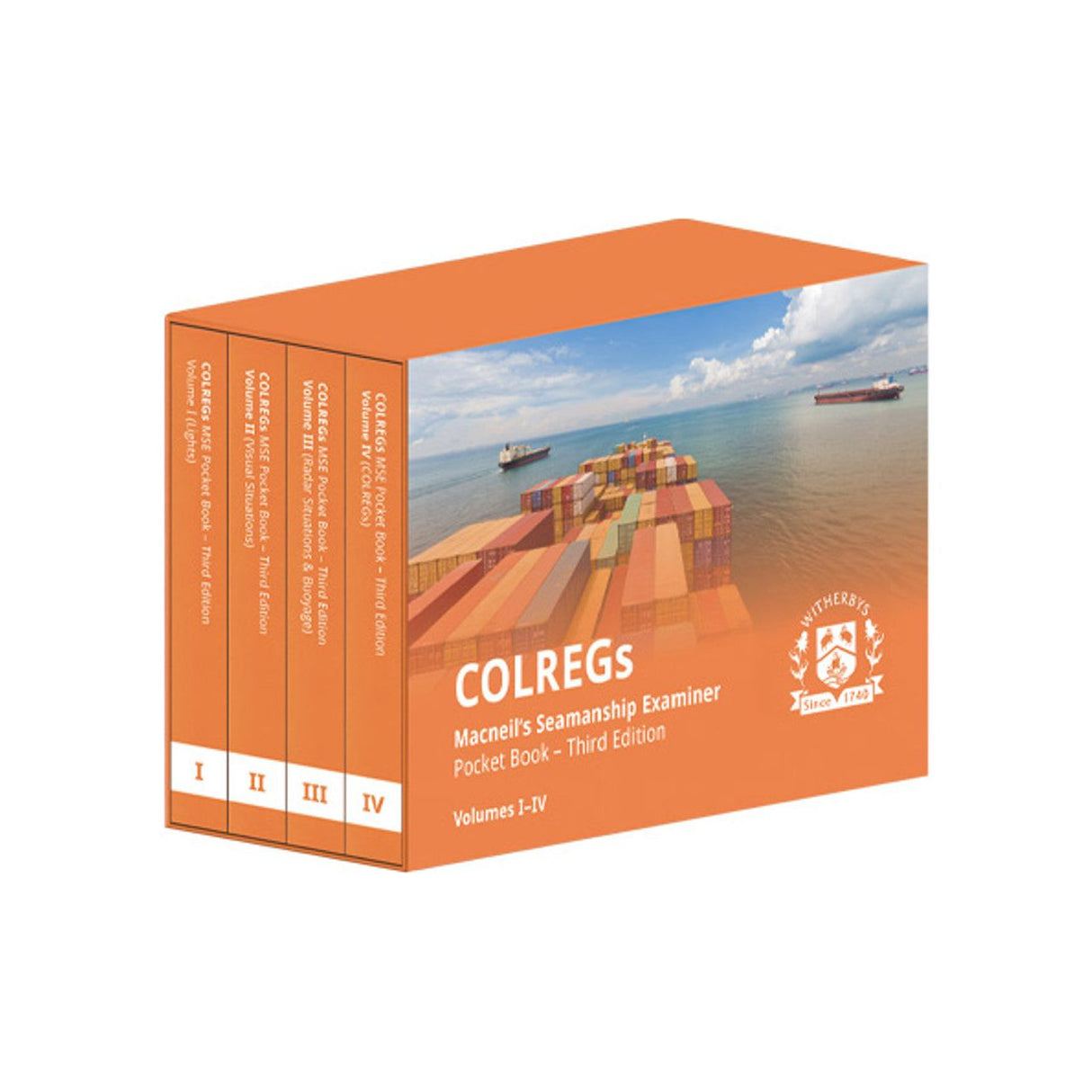 The Witherby Seamanship "COLREGs Pocket Book (Volumes I to IV)" set showcases navigation rules. The vibrant orange box features a cargo ship image with neatly stacked colorful containers.