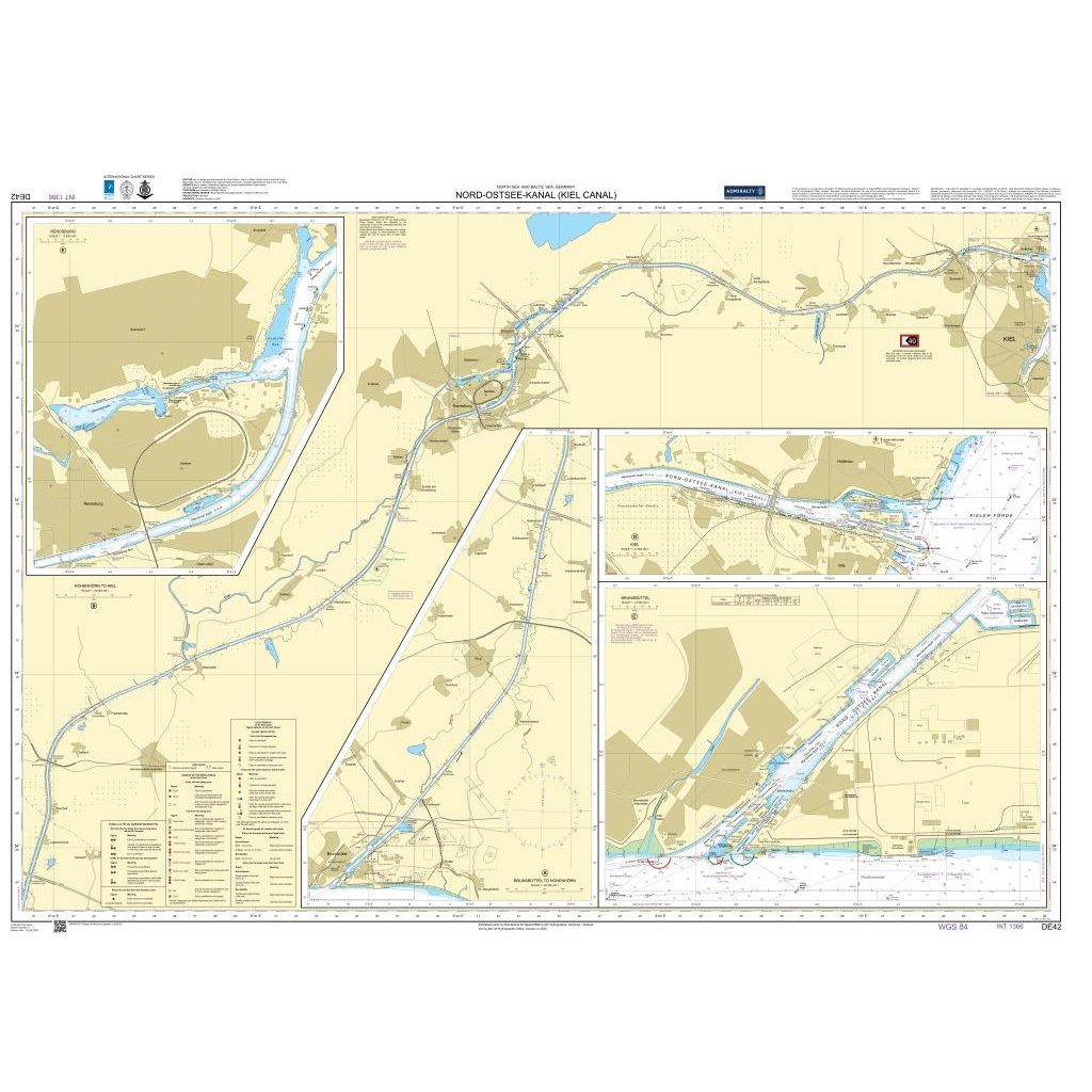 Admiralty Chart DE42: Nord-Ostsee-Kanal (Kiel Canal) by Admiralty shows the canal’s route, adjacent land, key port insets, navigation symbols, and depth details based on United Kingdom Hydrographic Office data.