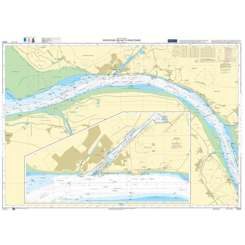 Admiralty Chart DE46: River Elbe, Belum to Krautsand from Admiralty details navigation routes, water depths, landmarks, and land areas with clear labels and color markings for safe maritime navigation.