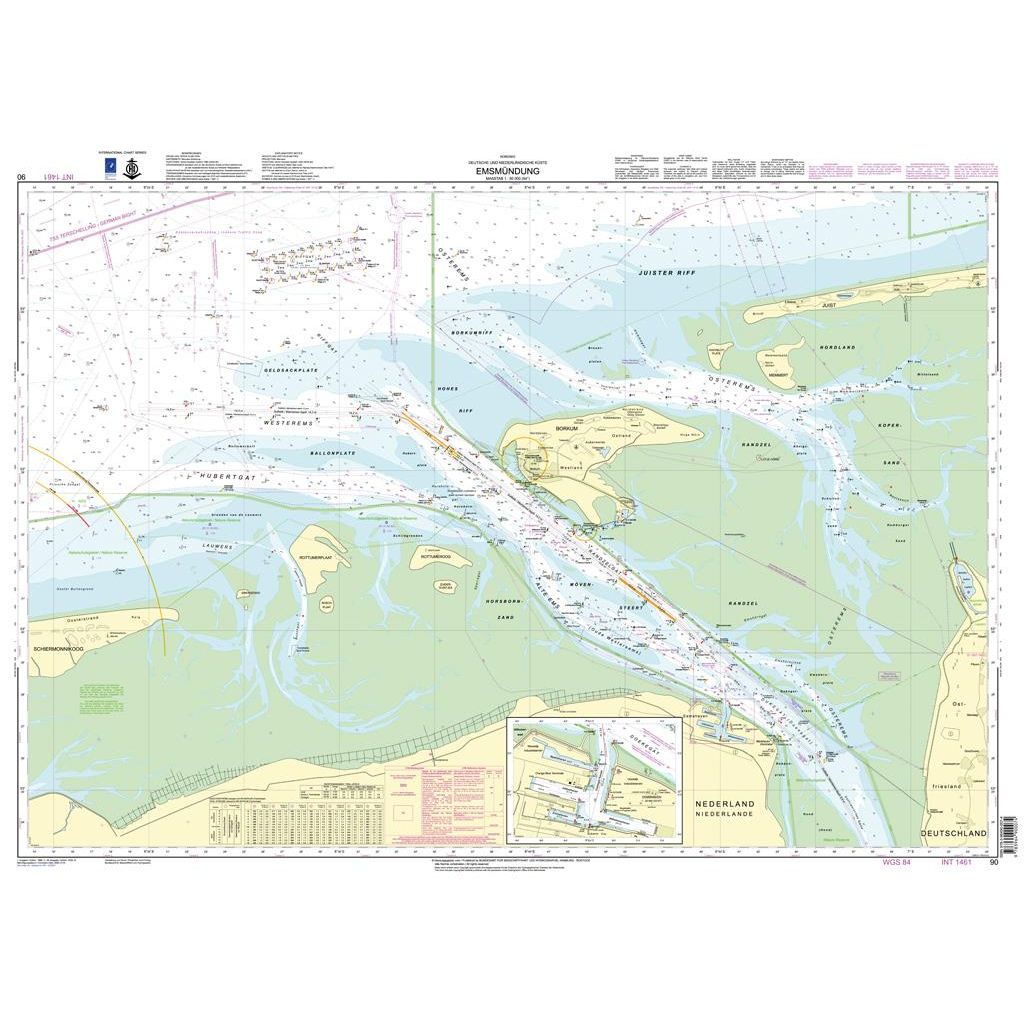 Admiralty Chart DE90: Entrance to River Ems by Admiralty details the Ems River estuary (Germany-Netherlands), with shipping lanes, water depths, navigation aids, land features, and inset maps, produced to Admiralty Standard.