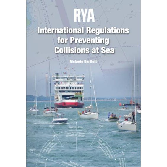 A tablet displaying the cover of a book titled "RYA Collision Regulations" by Melanie Bartlett and published by the Royal Yachting Association. The cover image shows multiple boats navigating a waterway with a large ferry in the background, making it an essential COLREGS guide for sailor safety.