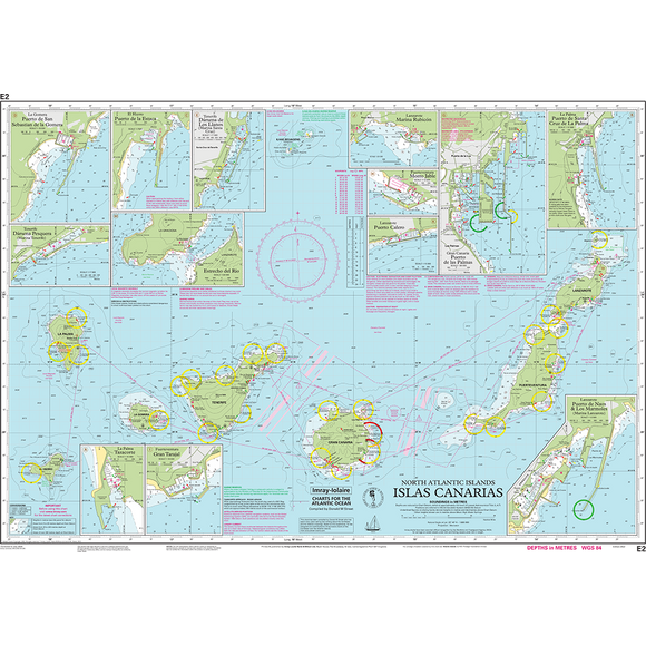 The Imray Chart E2 | Islas Canarias, by Imray, is perfect for cruising sailors exploring the North Atlantic Islands - Islas Canarias. It includes detailed maps, depth soundings, and navigational routes with inset maps focusing on specific areas of the archipelago. Part of the well-known Imray-Iolaire charts collection.
