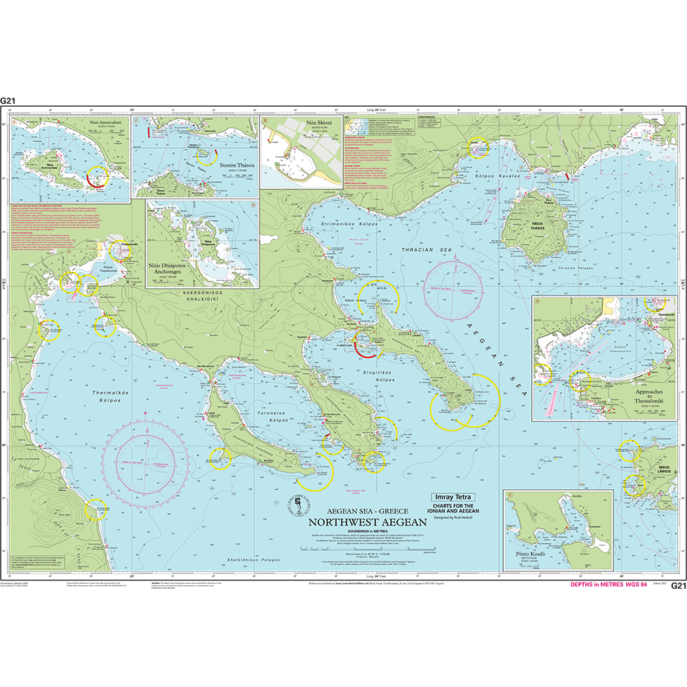 Imray Chart G21: Northwest Aegean Sea by Imray features bathymetric surveys, Greek and Turkish coastal details, depth markings, navigation routes, circular zones, and detailed inset maps from the Imray-Tetra G Series.