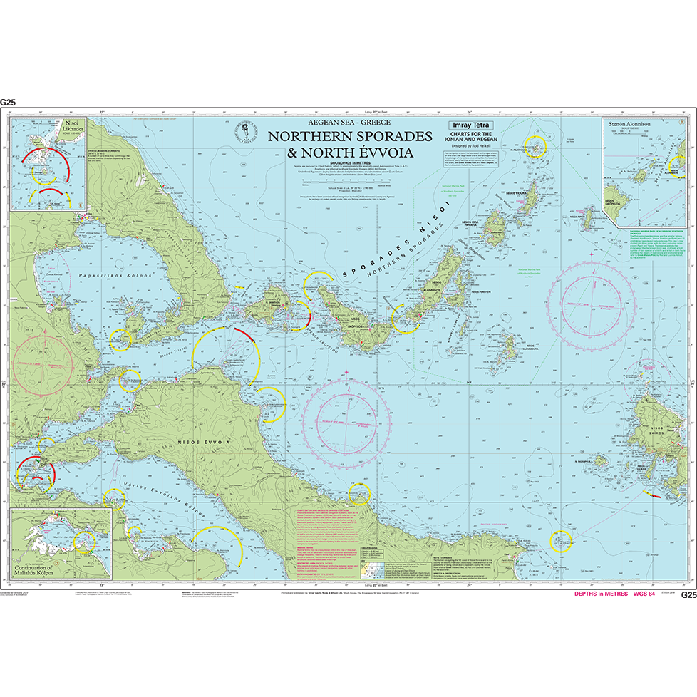 The Imray Chart G25 displays a nautical map of the Northern Sporades and North Évvoia in the Aegean Sea, Greece. Perfect for cruising sailors, it features essential navigational information such as depths, hazards, and landmarks. The blue and green map from Imray is adorned with compass roses, shaded relief, and detailed coordinates.