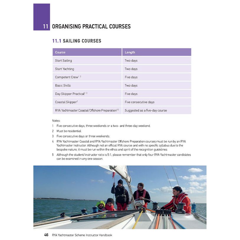 A page from the Royal Yachting Association RYA Yachtmaster Scheme Instructor Handbook details courses offered, including Start Yachting, Competent Crew, Basic Skills, Day Skipper Practical, and Coastal Skipper with their respective durations. An image below shows instructors and students on a yacht.