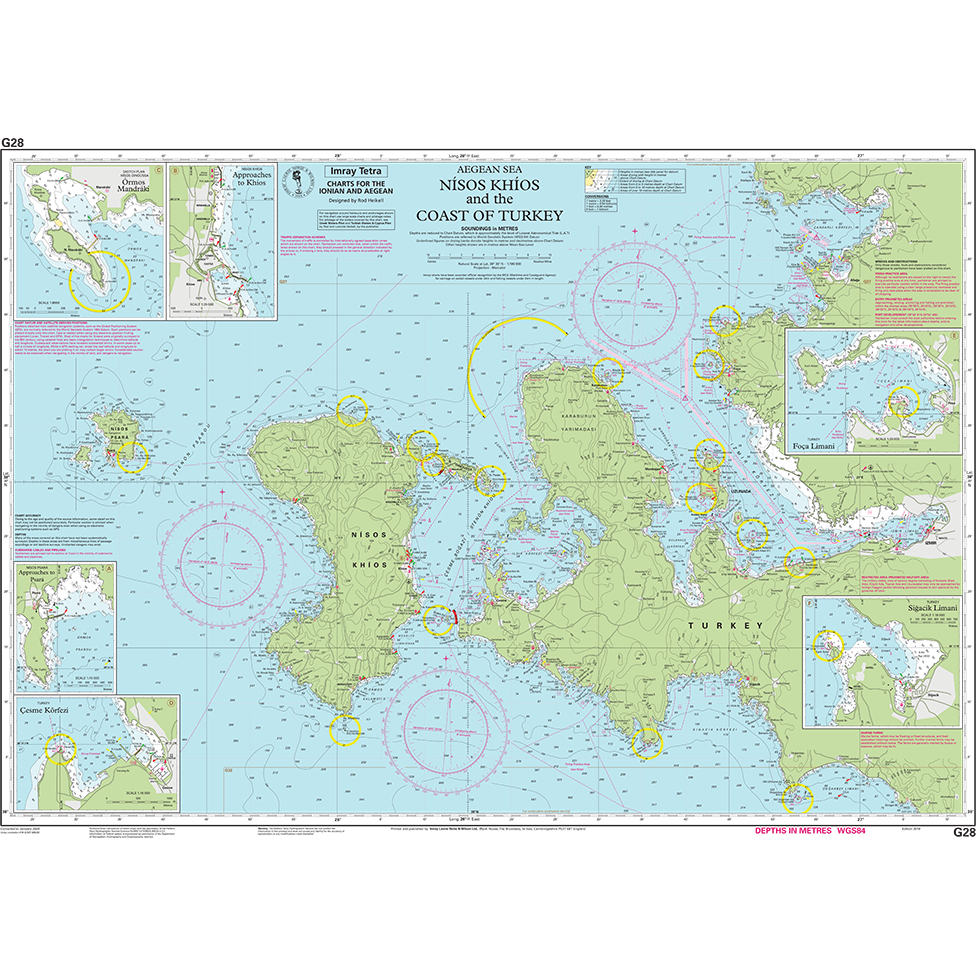 Imray Chart G28: Nísos Khíos & the Coast of Turkey by Imray shows detailed insets, depth markings, navigation routes, and labeled coastal features—part of the Imray-Tetra G Series charts for Greek and Turkish waters.