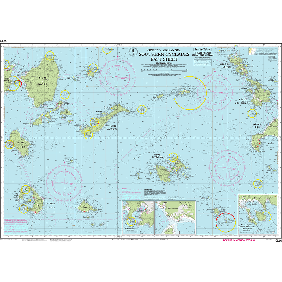 Imray Chart G34: Southern Cyclades (East Sheet) by Imray covers the Aegean Sea's southern Cyclades, providing island details, depths, hazard symbols, and insets of key ports for safe navigation.