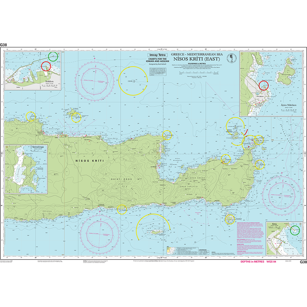 Imray Chart G38: Nísos Kríti (East) by Imray details the eastern part of Crete with depth markings, navigational symbols, and insets showing nearby islands and harbors.