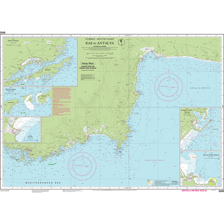 The Imray Chart G40 | Kas to Antalya by Imray is an ideal choice for cruising sailors exploring the South Coast of Turkey. This chart, printed on water-resistant paper, features detailed coastlines, depths, navigation routes, and maritime landmarks. It also includes insets for greater detail of Kalkan Town, Kas Marina, Antalya Harbor, and Kekova Roads.