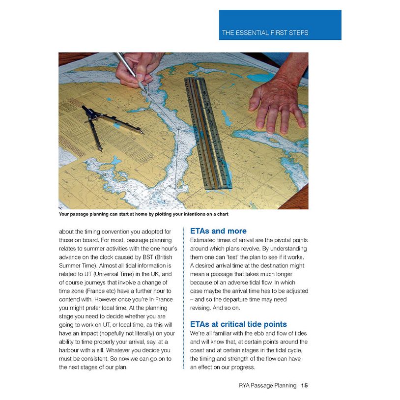 A person uses a pencil to point at a nautical chart laid out on a table, while also utilizing a ruler. The chart showcases various coastal areas and water bodies. The text highlights passage planning, ETAs (Estimated Times of Arrival), and critical tide points. This scene is described on page 15 of "RYA Passage Planning" by the Royal Yachting Association.