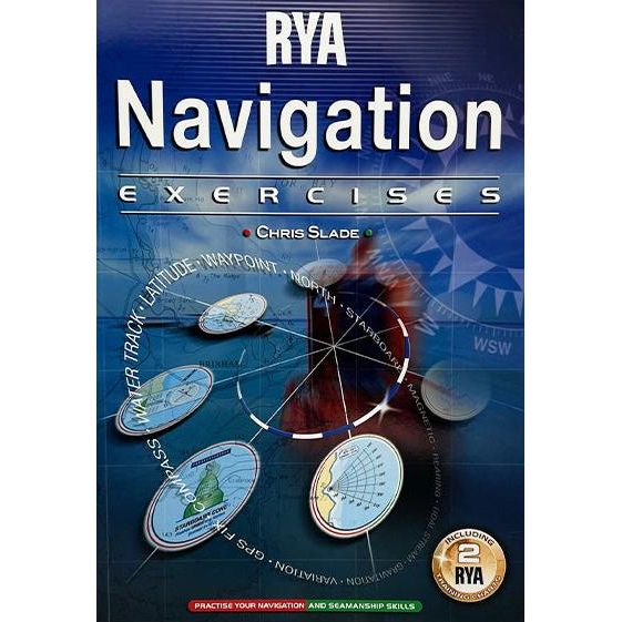 A book titled "RYA Navigation Exercises" by the Royal Yachting Association. The cover features nautical charts, navigation instruments, and a compass rose, structured to complement the Yachtmaster syllabus. The background is a marine-themed design with blue tones and a partially visible world map.