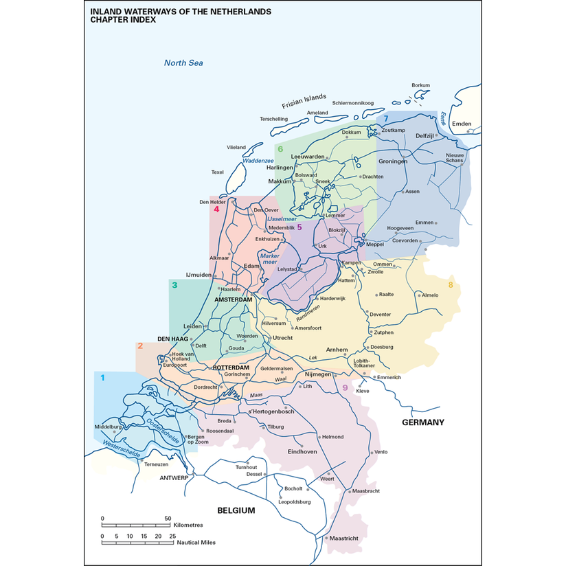The "Inland Waterways of the Netherlands" by Imray is a detailed cruising guide map showcasing the country's inland waterways. Regions are color-coded and labeled, with major cities like Amsterdam, Rotterdam, and The Hague marked. It also highlights mast-up routes and navigable pathways to nearby countries and the North Sea.