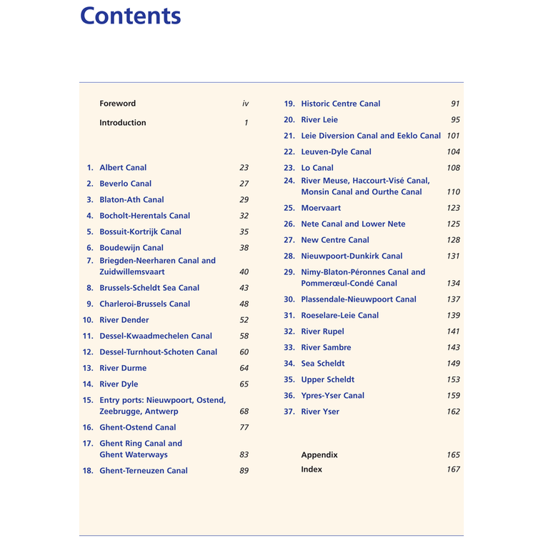 The contents page of "Inland Waterways of Belgium" by Imray lists 30 Belgian waterways, including Albert, Blaton-Ath, and Charleroi-Brussels Canal, with page numbers from 13 to 165. An index and appendix are available at the end.