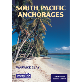 Book cover for "South Pacific Anchorages" by Warwick Clay from Imray, featuring a tropical beach with palm trees, white sand, and blue water—perfect for exploring South Pacific harbours and anchorages.