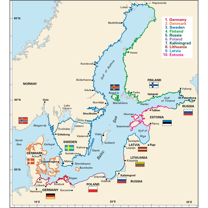 Discover "The Baltic Sea and Approaches" map by Imray, featuring vibrant country borders such as Norway, Sweden, and Finland. Key cities and waterways are marked for sailors, with national flags providing essential harbor information.