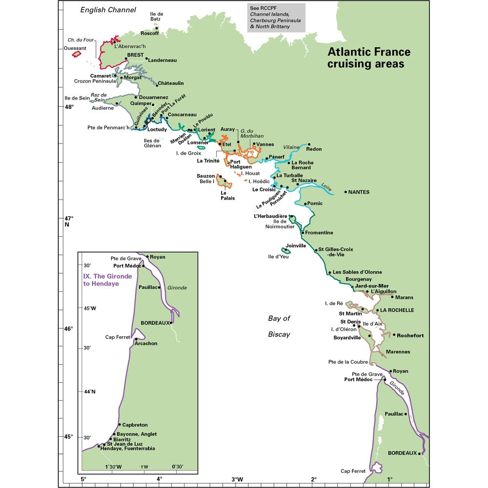 Map of Atlantic France by Imray, detailing cruising areas, towns, ports, and routes along the coastline from the English Channel to the Bay of Biscay. An inset provides detailed information on the Gironde region and Bordeaux. This essential guide uses key colors to correspond to specific sailing adventure regions.