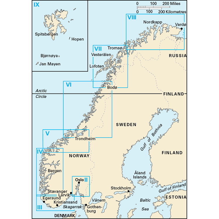The Imray "Norway" map details nine regions (I-IX), featuring major cities Oslo, Bergen, and Trondheim. It highlights stunning fjords and geographical elements like the Arctic Circle and Skagerrak, with insets of Spitsbergen, Jan Mayen, and the Lofoten Islands.