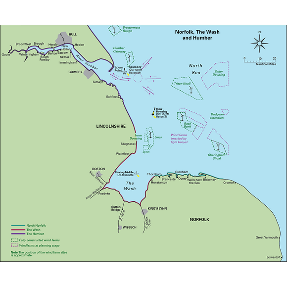 The "Norfolk, The Wash and Humber" by Imray is a detailed cruising guide with a map covering Norfolk, The Wash, and Humber regions. It highlights coastal towns, roads, rivers, wind farms in the North Sea from Hull to Lowestoft with estuaries marked and a compass rose for direction.