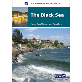 Book cover for "Black Sea" by Imray, featuring a coastal village, rocky shores, waves, and a harbor with yellow boats—art inspired by the Imray Black Sea sailing guide.