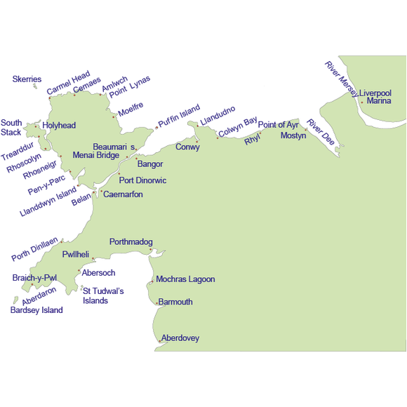 The navigational guide "Cruising Anglesey and Adjoining Waters" by Ralph Morris, produced by Imray, features a detailed map of the northern coastline of Wales. It highlights various coastal towns and landmarks including Liverpool Marina, Puffin Island, Colwyn Bay, Bangor, Caernarfon, and Barmouth along the Anglesey and North Wales coast. Notable towns and natural landmarks are labeled in blue text for easy navigation.