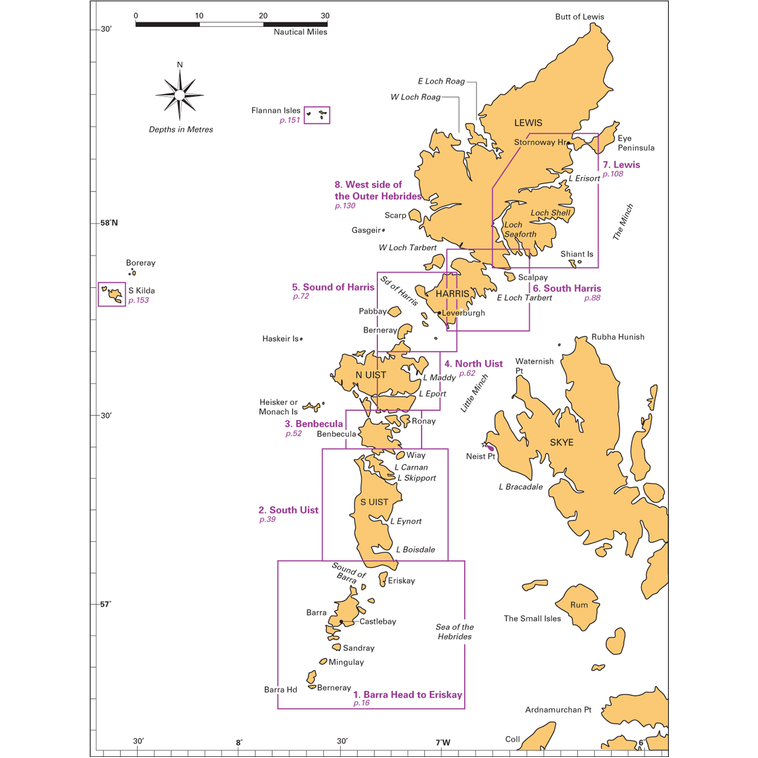 The "Outer Hebrides" map by Imray illustrates islands and waters of the Outer Hebrides in Scotland, marking borders, names, and depths in meters. Featured are Clyde Cruising Club sailing routes through Lewis, Harris, Uists, Barra, and Skye with a compass rose showing north.