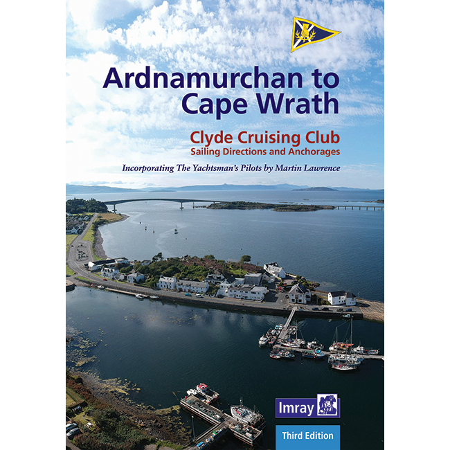 Aerial view of a coastal village with boats, shoreline houses, and a distant bridge. Features "Ardnamurchan to Cape Wrath" by Imray, with West Coast of Scotland cruising guide and Antares large scale charts details.