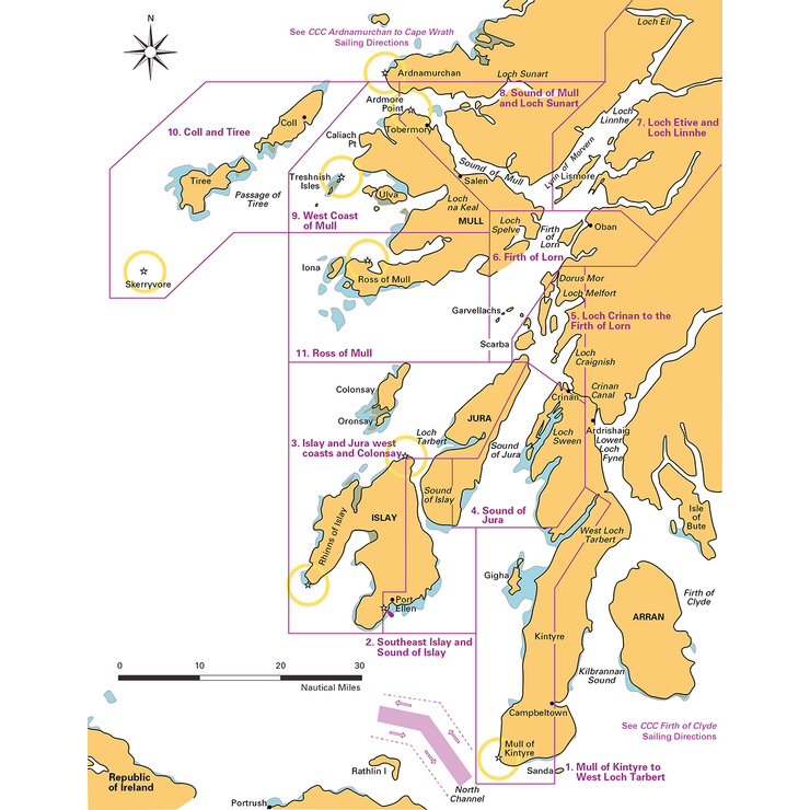 The Kintyre to Ardnamurchan guide by Imray offers a detailed map of Western Scotland's coastal waters, including sailing directions. It highlights the Isle of Mull, Jura, Islay, and nearby smaller isles with marked Firth of Lorn and Sound of Mull. A compass and scale are included.