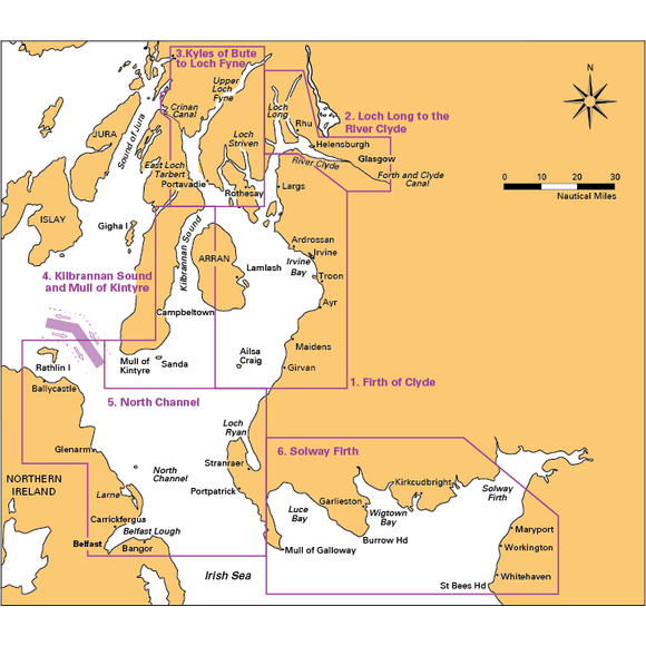 Discover Scottish sea routes with Imray's Firth of Clyde map, featuring numbered labels and sailing directions. Explore anchorages from the Firth of Clyde to the Solway Firth, including paths like Loch Long to River Clyde and Kilbrannan Sound nestled among surrounding areas and islands.