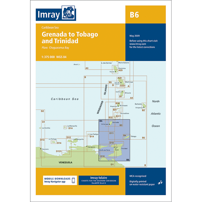 The "Imray Chart B6 | Grenada to Tobago and Trinidad" by Imray showcases a detailed map of the Caribbean Sea region, including sections of Venezuela. Ideal for cruising sailors, this nautical chart emphasizes mobile downloads and updates and is dated May 2009.