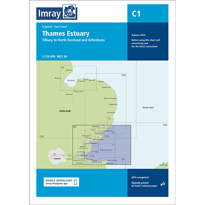 Imray Chart C1: Thames Estuary shows England’s east coast from Tilbury to North Foreland and Orfordness, with detailed chart areas, edition info, cruising details, and download info. Features Imray branding as part of the C Series charts.