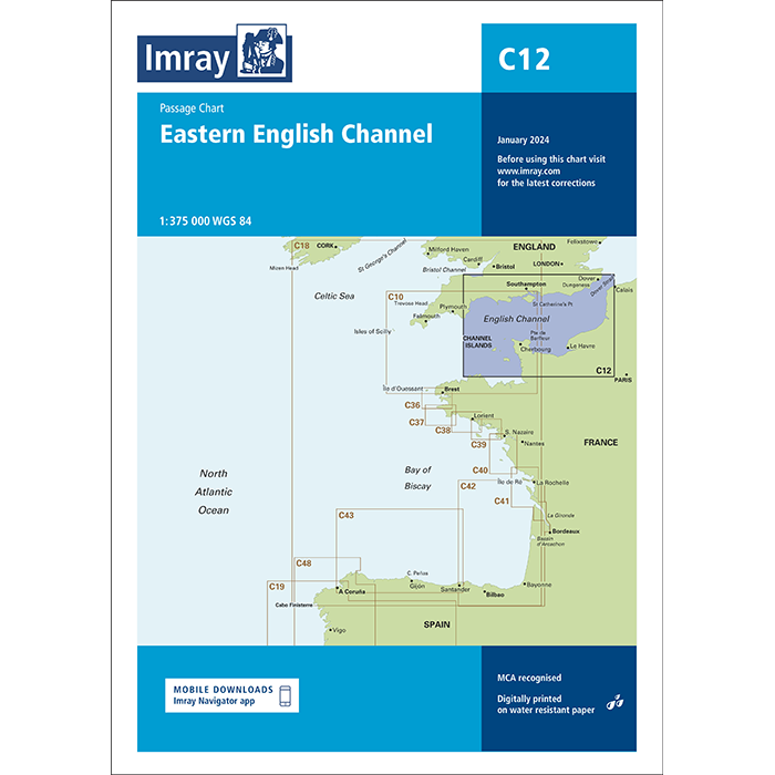 Imray Chart C12: Eastern English Channel Passage Chart cover shows blue, green, and white areas, detailed chart info from southern England to northern Spain and France, Imray branding, and UKHO Digital references.