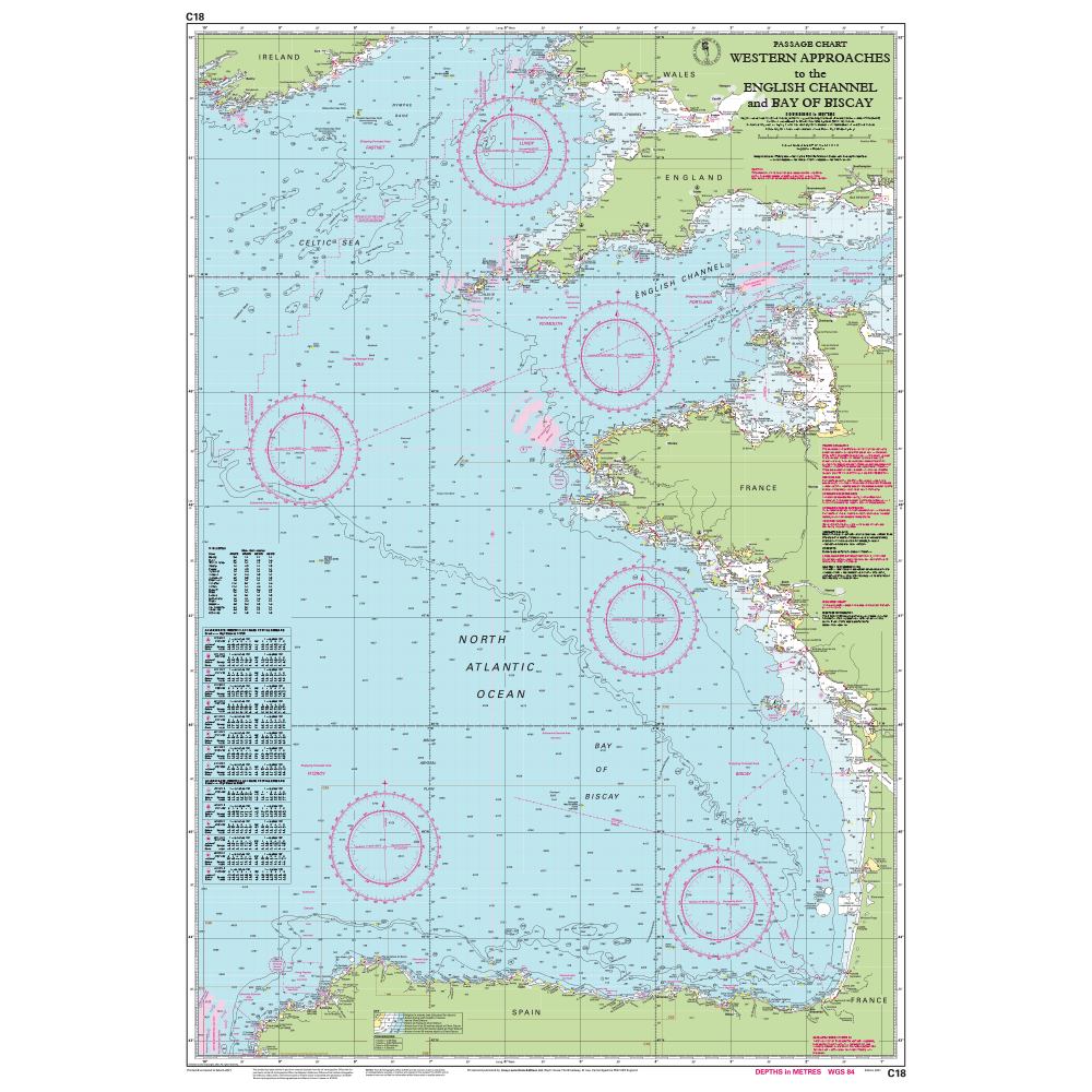 Imray Chart C18: Western Approaches to the English Channel & Bay of Biscay by Imray details coasts of Ireland, England, France, and Spain, ideal for navigation with marked ocean depths and cruising routes.