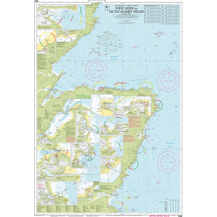 The Imray Chart C23: Fife Ness to Duncansby Head by Imray details Scotland’s east coast, with harbor insets, navigation aids, depth markings, and clear UKHO digital labels for both land and sea.
