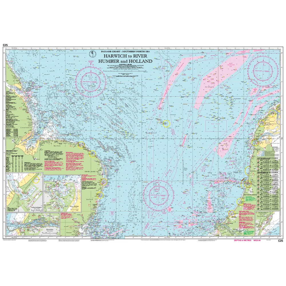 Imray Chart C25: Harwich to River Humber and Holland by Imray details coastal outlines, water depths, navigation aids, and port insets along England's east coast and the Netherlands.
