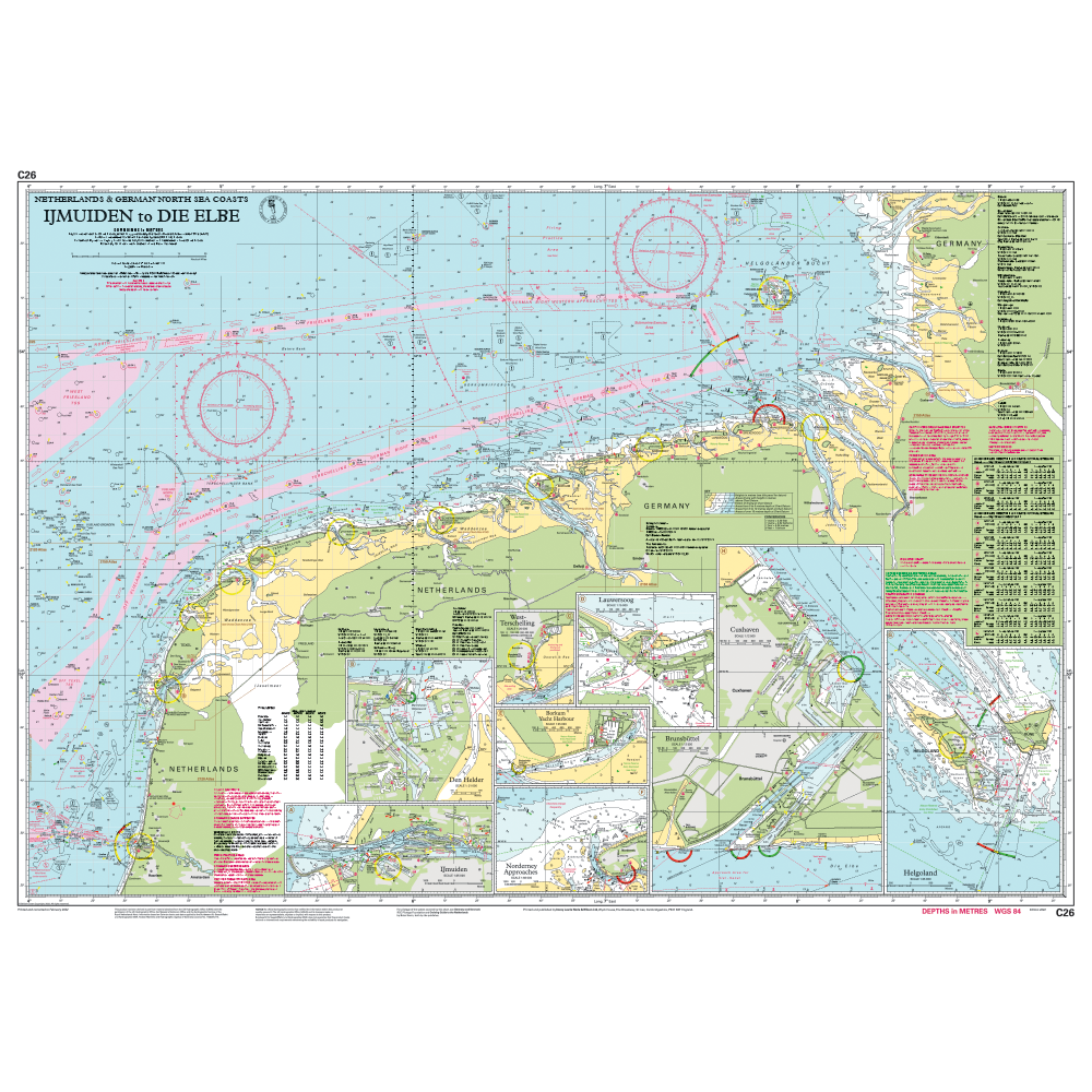 Imray Chart C26: IJmuiden to Die Elbe by Imray covers the North Sea coast from IJmuiden, Netherlands, to the Elbe River, Germany. Ideal for small craft navigation; features routes, depths, towns, and insets of key harbors and islands.