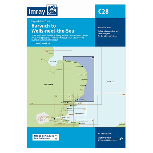 Imray Chart C28: Harwich to Wells-next-the-Sea by Imray covers England’s east coast, highlighting sea areas, ports, and harbours. Ideal for cruising in Britain and Northwest Europe. Edition dated September 2022.