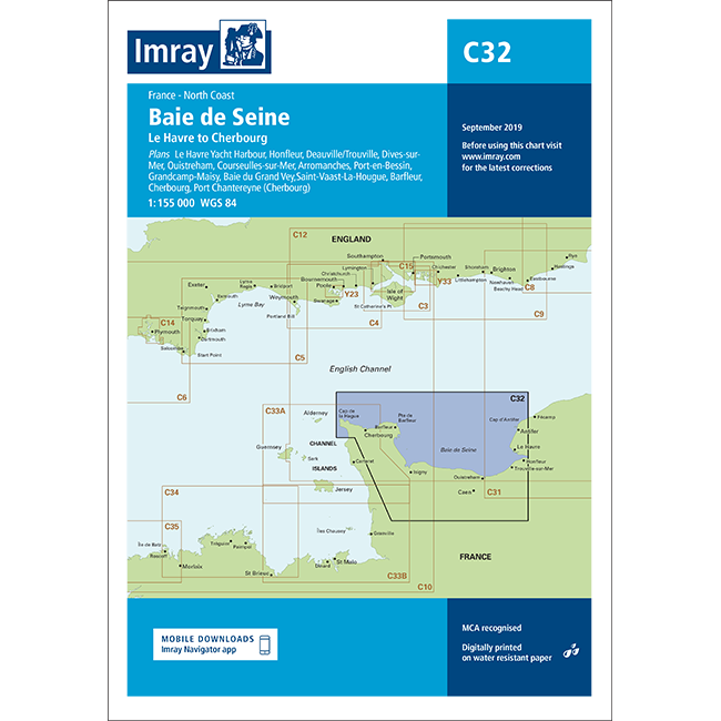Imray Chart C32: Baie de Seine chart cover features a map of the English Channel from Le Havre to Cherbourg, with ports listed, yacht harbour chart details, scale 1:155,000, and Imray branding on a blue background.
