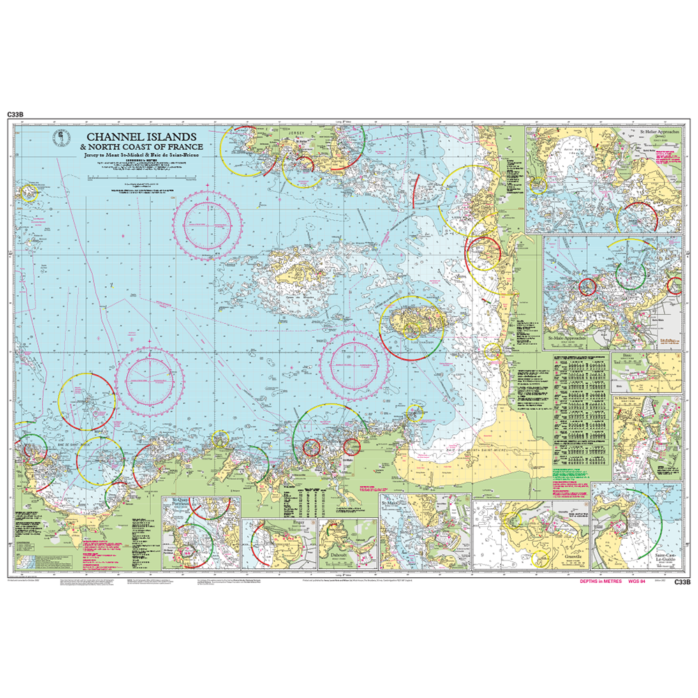 Imray Chart C33B: Channel Islands (South) by Imray details the Channel Islands and north coast of France with navigation markers, depth info, coastal features, and port insets—ideal for small craft navigation.
