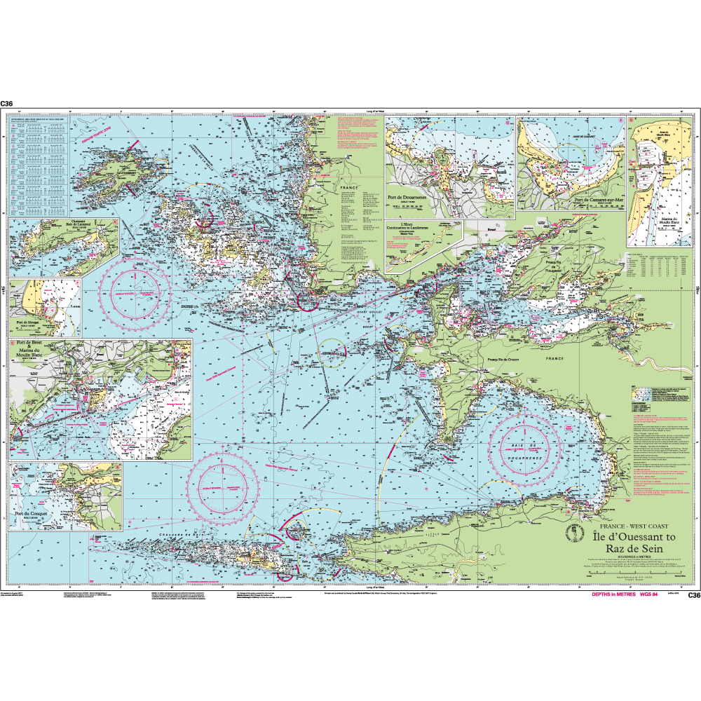 Imray Chart C36: Île d’Ouessant to Raz de Seine by Imray details marine navigation routes, depths, buoys, hazards, and insets along France’s west coast—ideal for use with Imray C Series and Northwest Europe cruising charts.