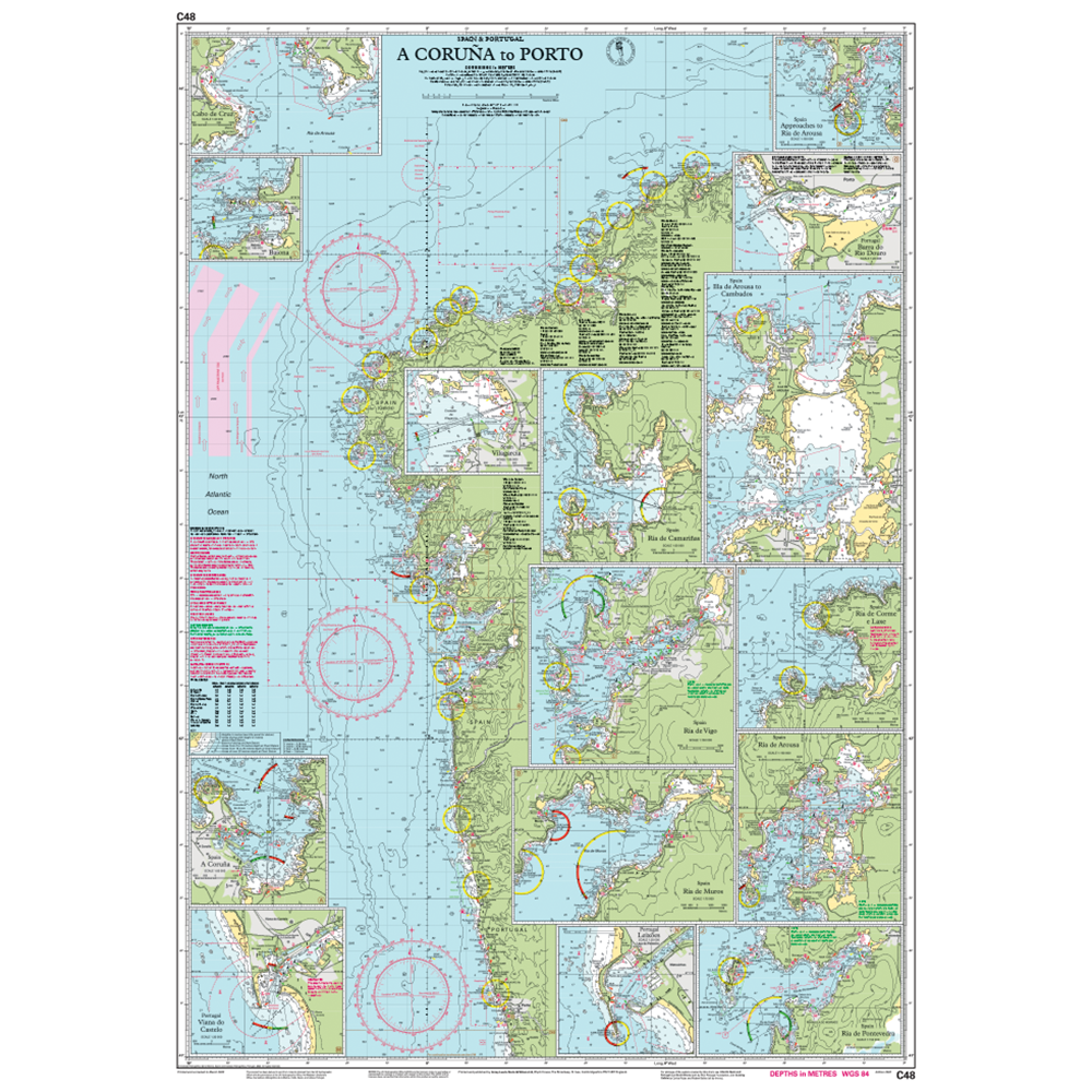 Imray Chart C48: A Coruña to Porto provides detailed coastal maps of NW Spain and N Portugal, including Ría de Arousa ports, depth markings, navigational aids, and inset harbor maps. Brand: Imray.