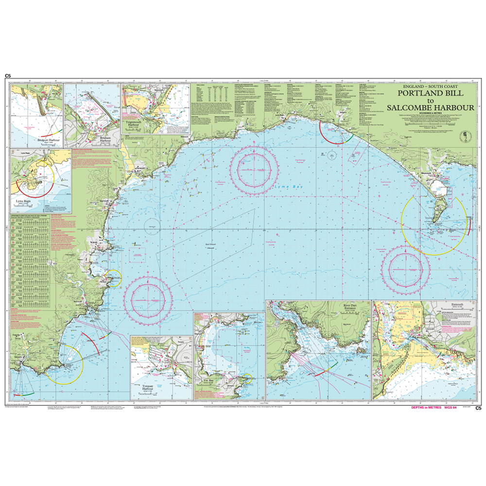 Imray Chart C5: Portland Bill to Salcombe Harbour by Imray is ideal for small craft, with detailed coastal lines, depth contours, navigation markers, and insets. Part of the Imray C Series charts.
